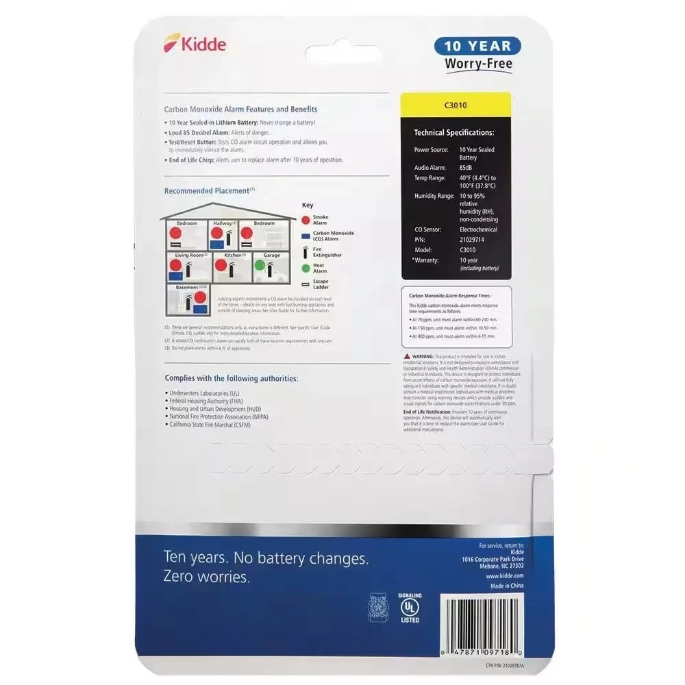 Kidde C3010 Carbon Monoxide Alarm 10 Year - New Sealed